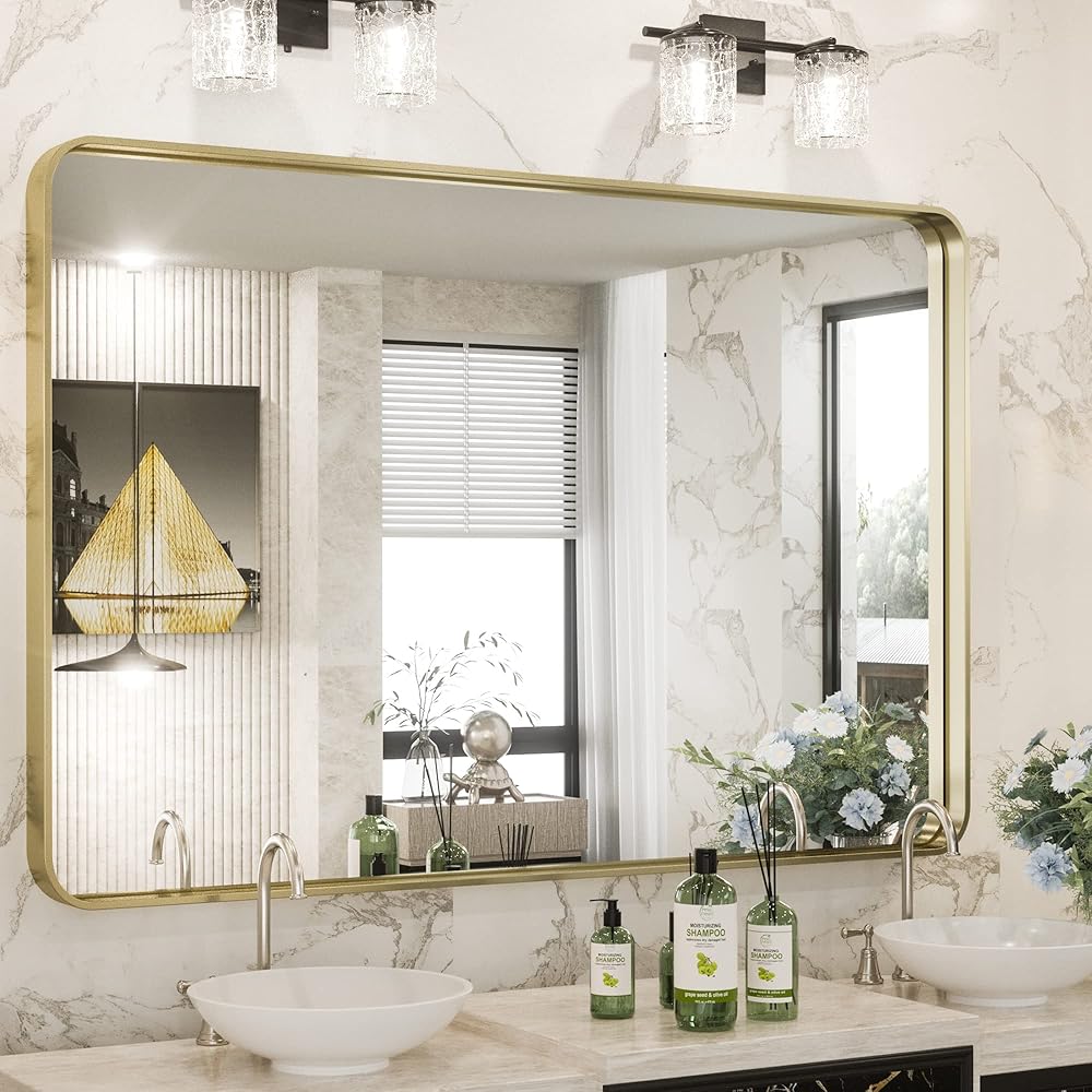 TokeShimi Gold Bathroom Mirror for Wall 40 x 30 Inch Rounded Corner Rectangle in Aluminum Alloy Metal Frame Deep Set Design Hangs Horizontal Or Vertical Farmhouse