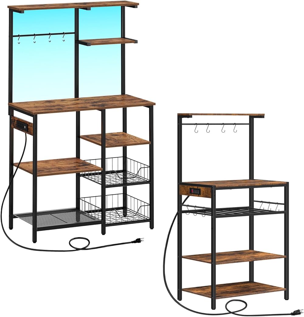 Bakers Rack with Power Outlet and LED Light Strings, Kitchen Bakers Rack BF64UDHB01-BF60UHB01