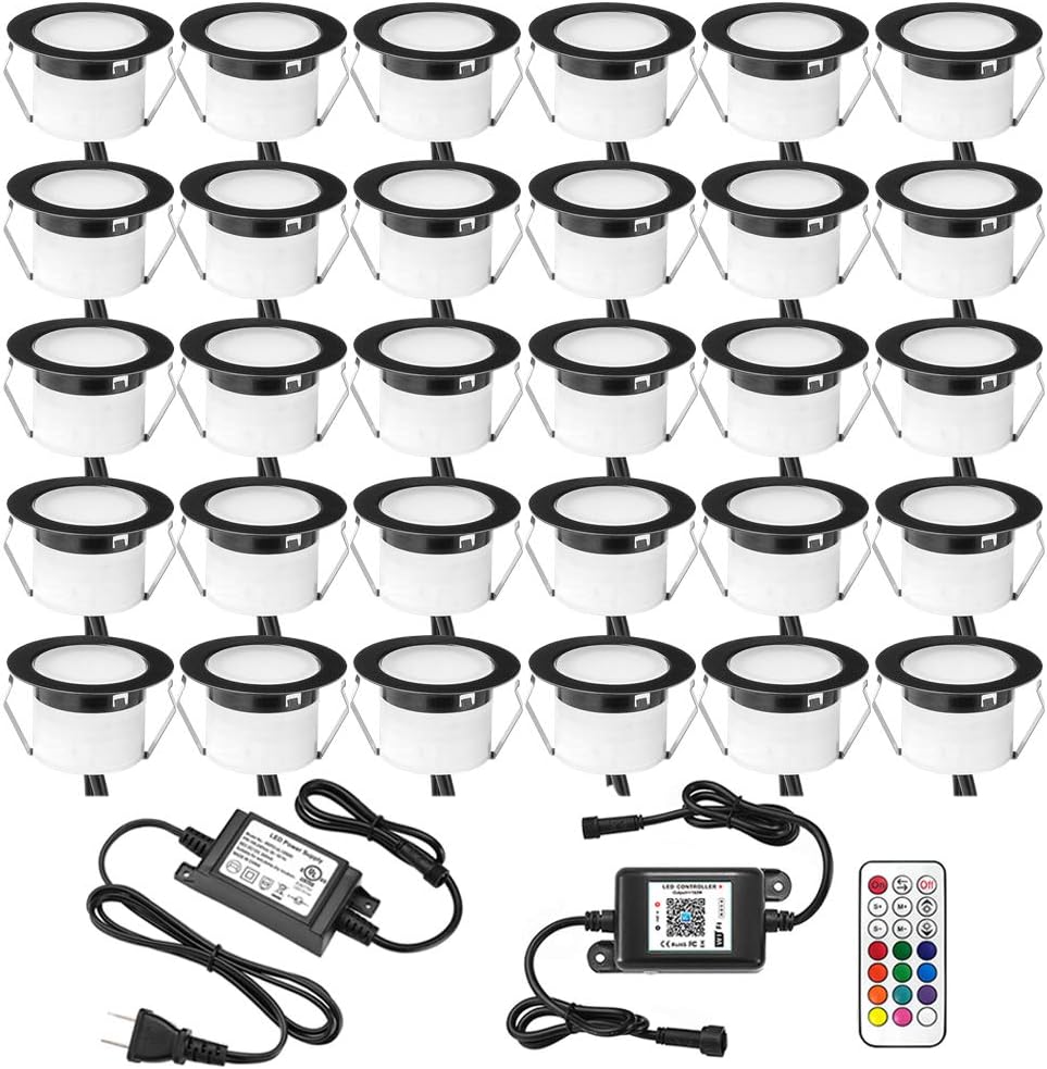 FVTLED WiFi LED Deck Lights Kit RGBW, 30pcs Φ1.77 Smart Phone Control Low Voltage Recessed Muticolor & Warm White Soffit Yard Path Stair Decor Lamp Fit for Alexa Google Home, Black Shell