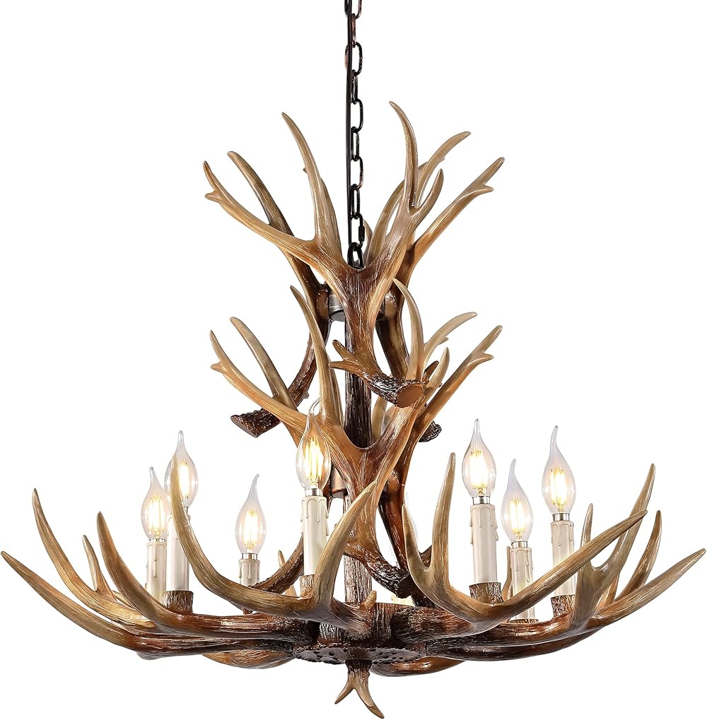 Antler Chandelier 8 Light, Large Deer Antlers Chandelier High 24inch Dual Layer for Rustic Farmhouse Lighting Home Decor…