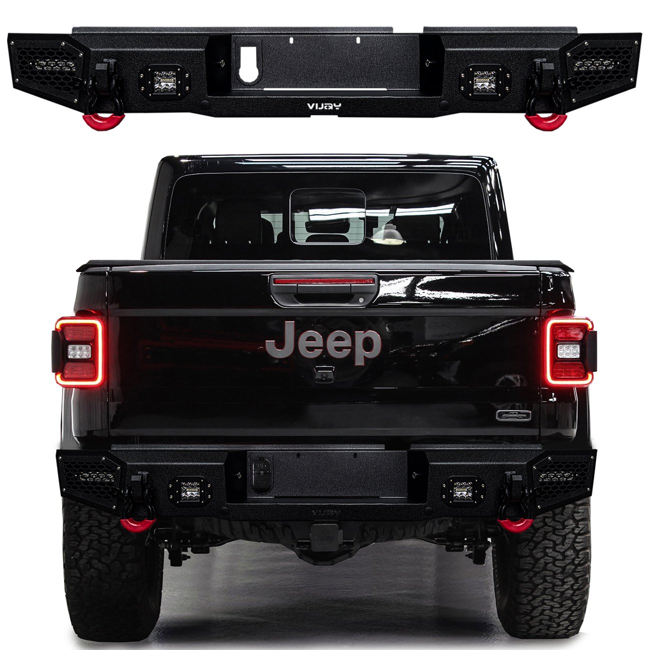 Vijay Steel Rear Bumper for  2020-2024 Jeep Gladiator JT with D-Rings and LED Sporlights