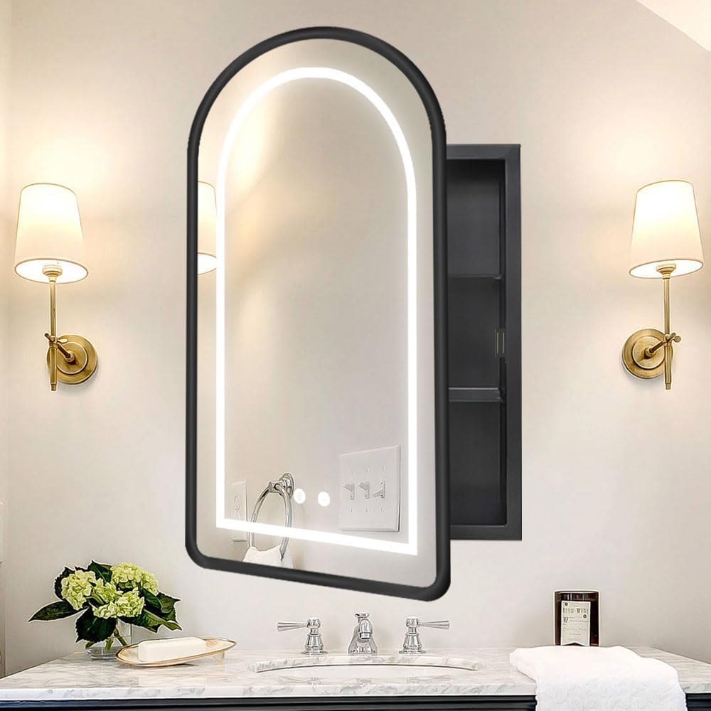 Arched Medicine Cabinet with Lights,Recessed Medicine Cabinet with Mirror,Aluminum Framed Lighted Medicine Cabinet Mirror for Bathroom,Matte Black Medicine Cabinet with Mirror,20 x 31''