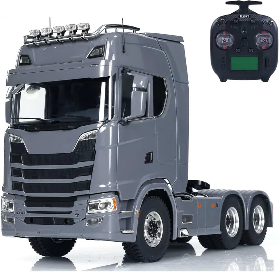 1/14 6X6 RC Tractor Truck Metal Chassis Differential Lock Axles Light Sound System Remote Control Car 2-Speed Transmission Hobby Grade Model(Grey)