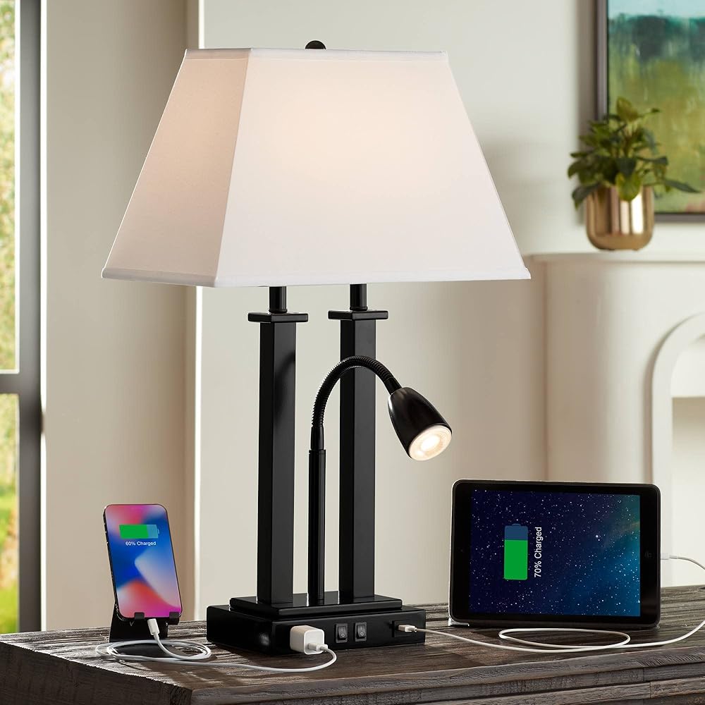 Possini Euro Design Deacon Modern Gooseneck Desk Lamp with USB Charging Port and Outlet 26