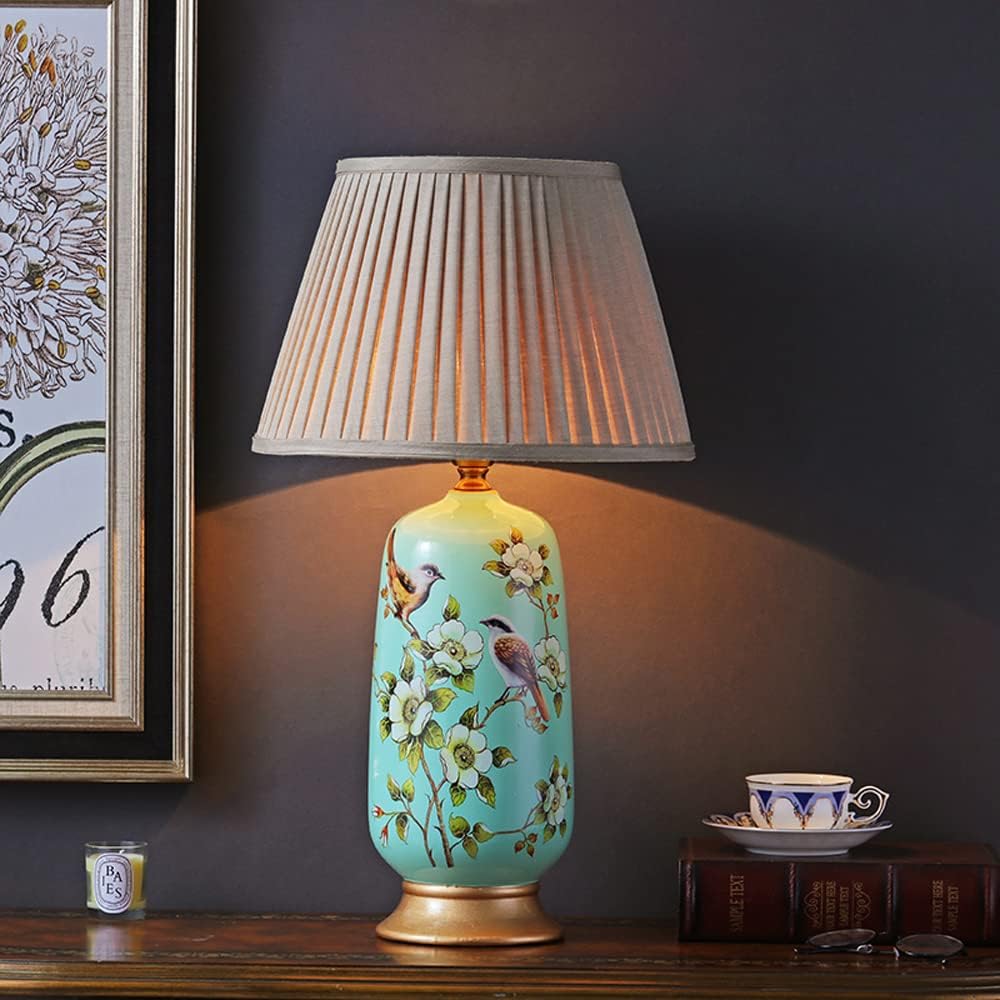 Floral＆ Birds Traditional Ginger Jar Table Lamps 20.4/24-inch Bedroom Living Room Home Office Desk Nightstand Table Lamp Green Ceramic Reading Lamp