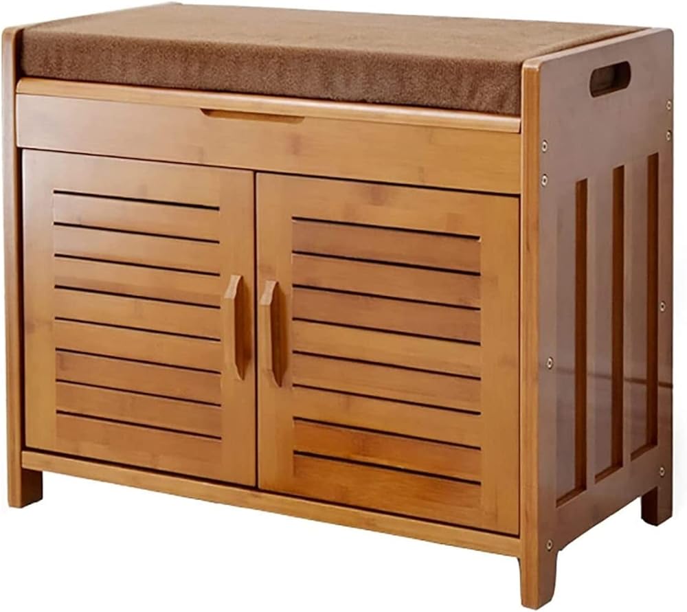 Shoe Storage Bench Entryway Hallway Furniture, Natural Bamboo Shoe Bench Pastoral Shoe Stool Shoe Rack 2-Tier Storage Cabinet for Living Room Bedroom Hallway