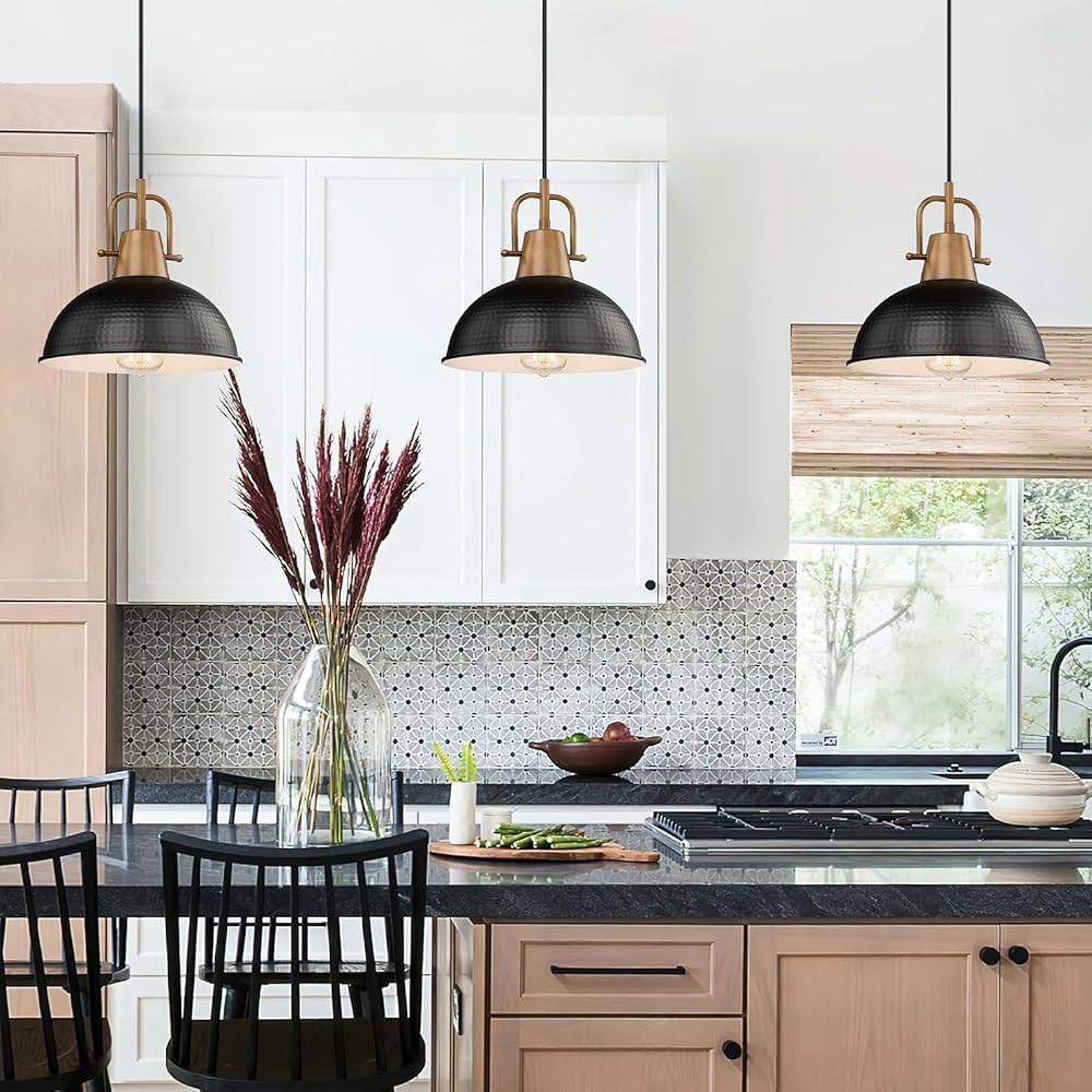 Emliviar Vintage Hanging Pendant Lights 3 Pack, Adjustable Industrial Pendant Light Fixtures for Kitchen Bar Entryway Restaurant, Hammered Dome Shade, Black Finish, GE269MIL-3 BK+WD