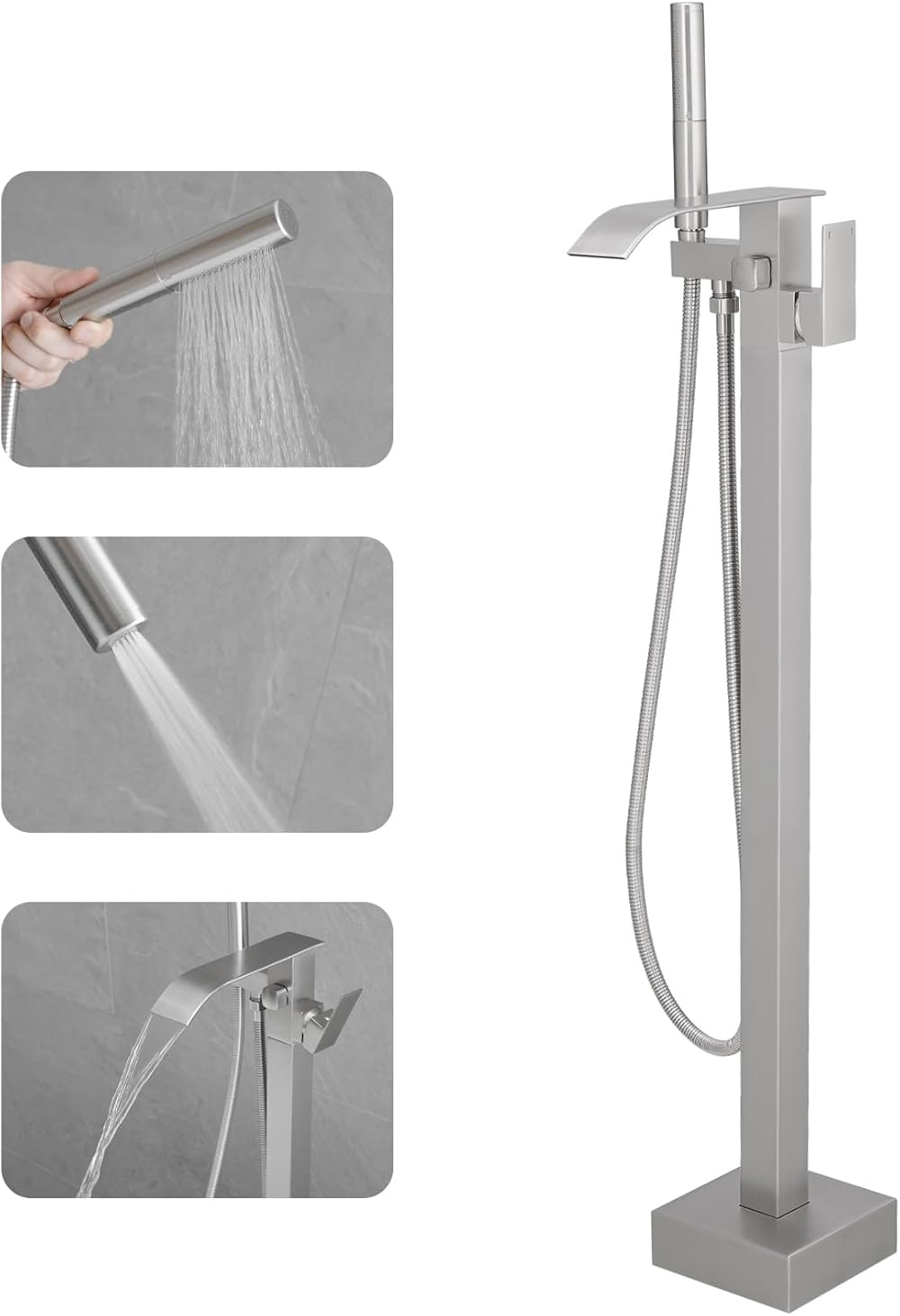 Tub Filler Freestanding Bathtub Faucet Brushed Nickel Floor Mount Tub Faucet Waterfall Bathtub Filler with CUPC Certified High Flow Brass Bath Shower Faucets with Handheld Sprayer