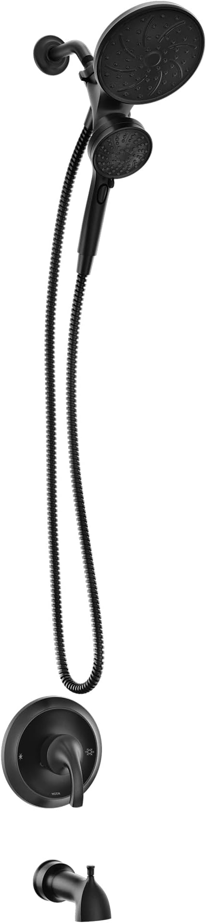 Moen Engage Magnetix Matte Black Multi-Function Handshower and Rainfall Shower Head Trim Combo with Shower Handle, Tub Spout, Metal Hose and Valve, 82304BL