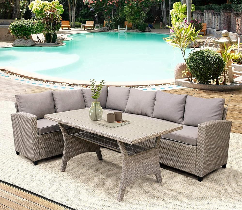 Outdoor Patio Furniture Set 3 Pieces, Rattan Wicker Outdoor Furniture Set ，Patio sectional Sofa Set, Garden Backyard Conversation Sets with Grey Cushion & Poly Wood Top Table, Gray