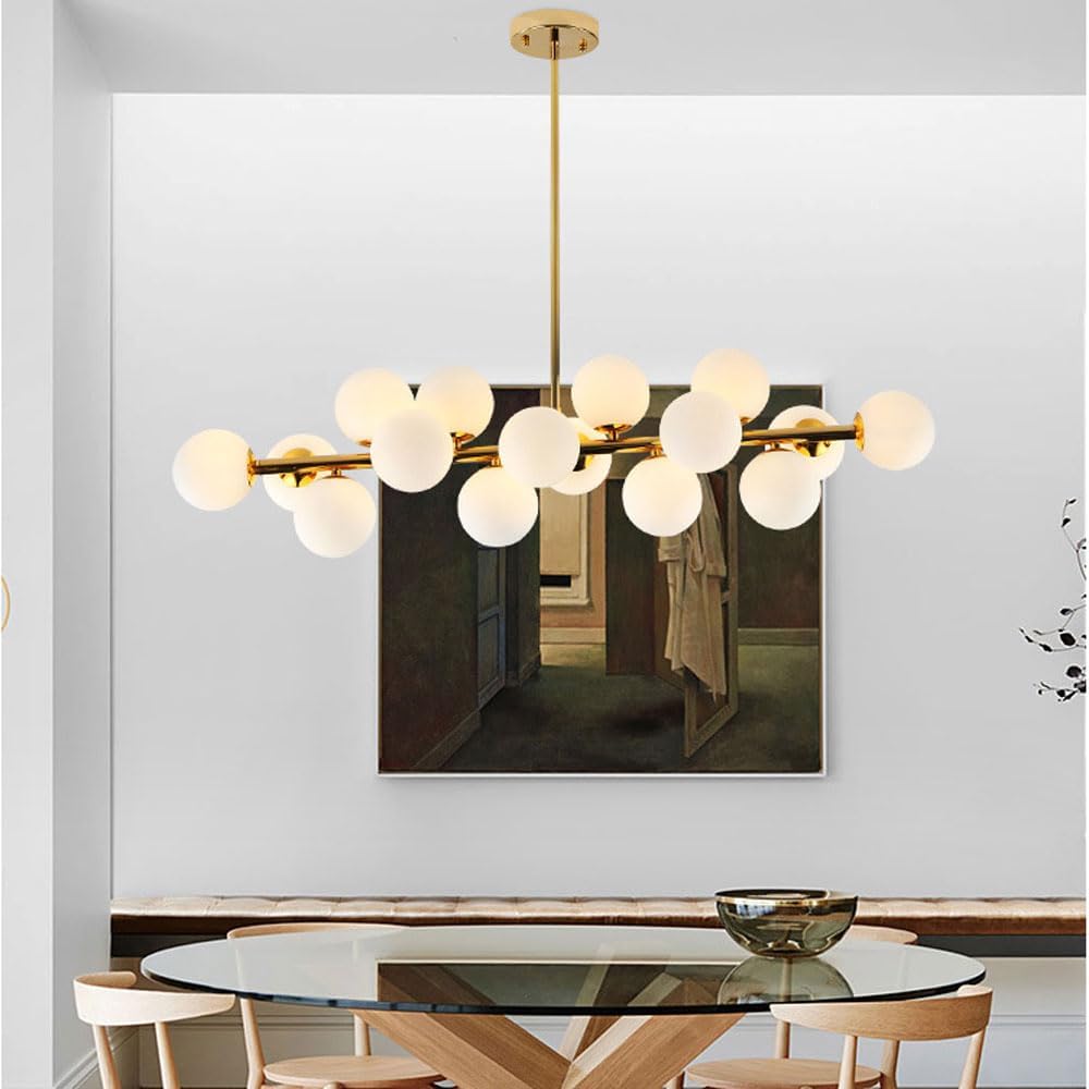Mid Century Modern Golden Milk Glass Linear Chandelier Mid Century Fixture Gold Ceiling Light Flush Mount 16 Light Milk White Glass Ball Restaurant Pendant Light,Warm Light 3000K 80W