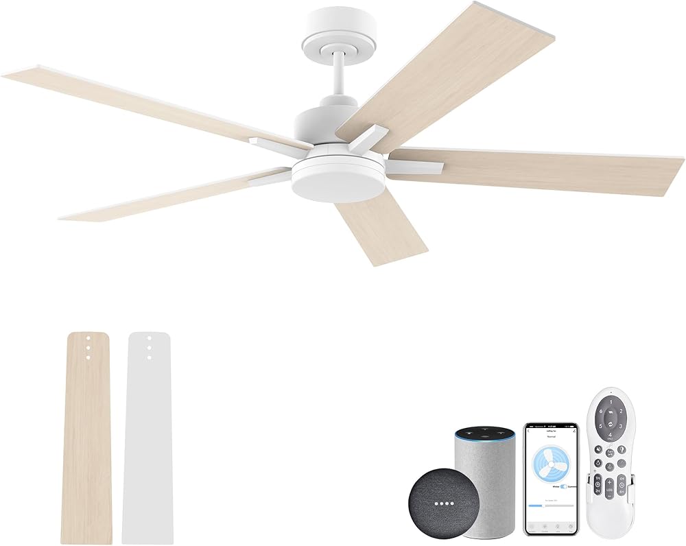52” Smart Ceiling Fan with Lights Remote,Voice Control via Alexa Google WIFI App,Ultra Quiet DC Motor,Outdoor Indoor Modern Ceiling Fans,6-Speed for Bedroom Patio Porch,White and Wood Color