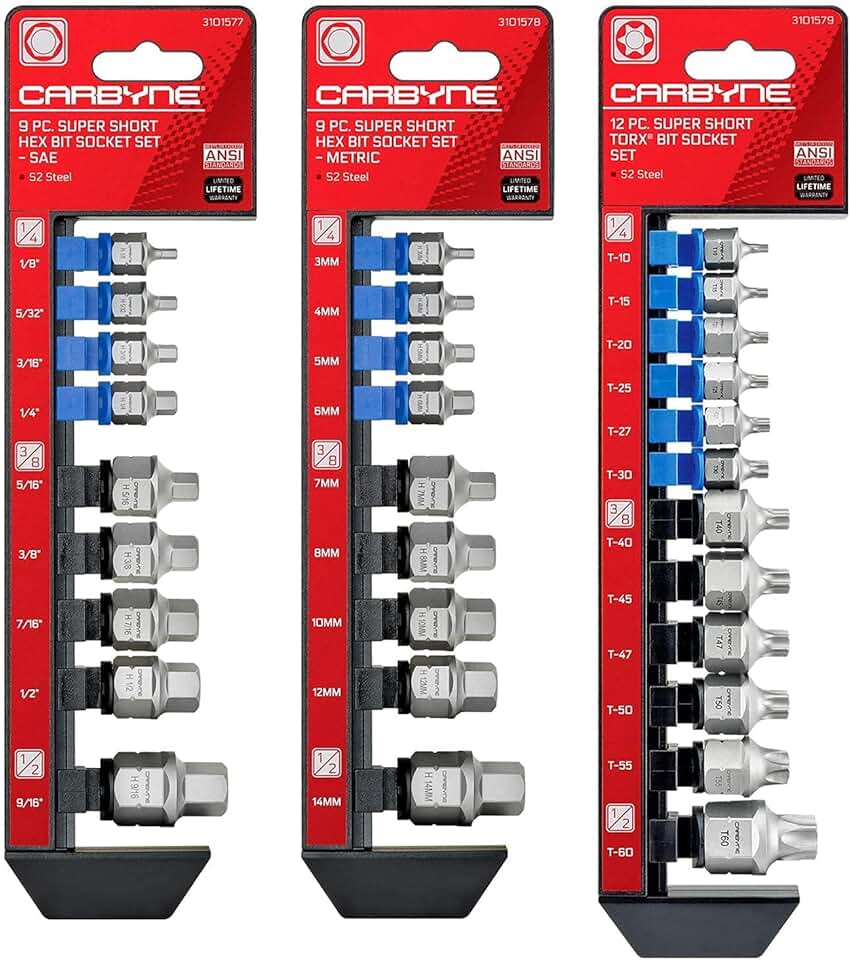 CARBYNE 3 Super Short Bit Socket Sets - 9 Piece SAE Hex, 9 Piece Metric Hex AND 12 Piece Torx