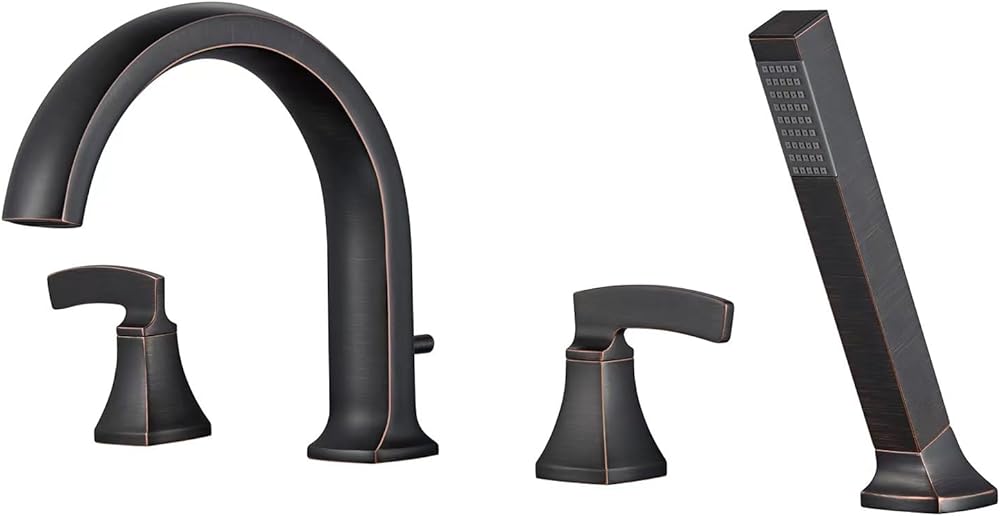Roman Tub Faucet Deck Mount Tub Filler Oil Rubbed Bronze Waterfall Bathtub Faucets 4 Hole Brass Bathroom Faucets with Hand Shower