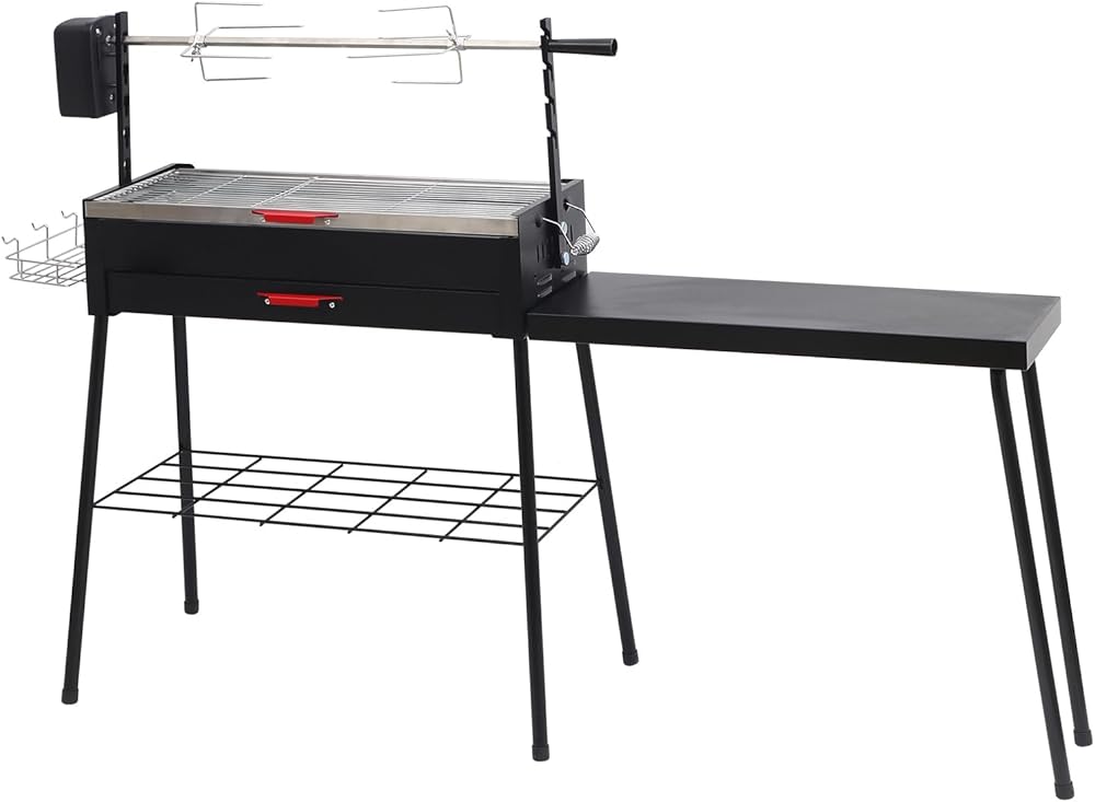 Charcoal Grill, Portable Charcoal Grill with Rotisserie, Rotisserie Grill, featuring a Detachable Table, Stainless Steel Grills, and Storage Shelf, ideal for Camping and BBQ - Black