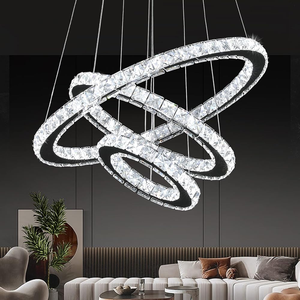 Buccleuch Modern Crystal Chandelier, Dimmable LED Pendant Light Fixture 3-Ring Adjustable Stainless Steel Ceiling Light, Silver Crystal Chandeliers for Dining Room, Bedroom, Living Room - ETL Listed
