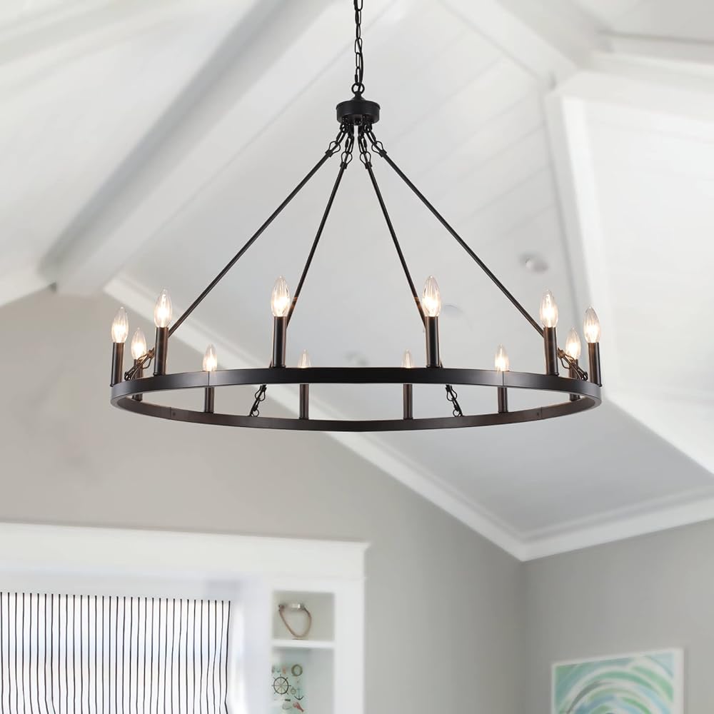 Black Wagon Wheel Chandelier Farmhouse Chandelier Rustic Candle Pendant Light Fixtures Round Chandeliers for Dining Room Living Room Entryway Foyer