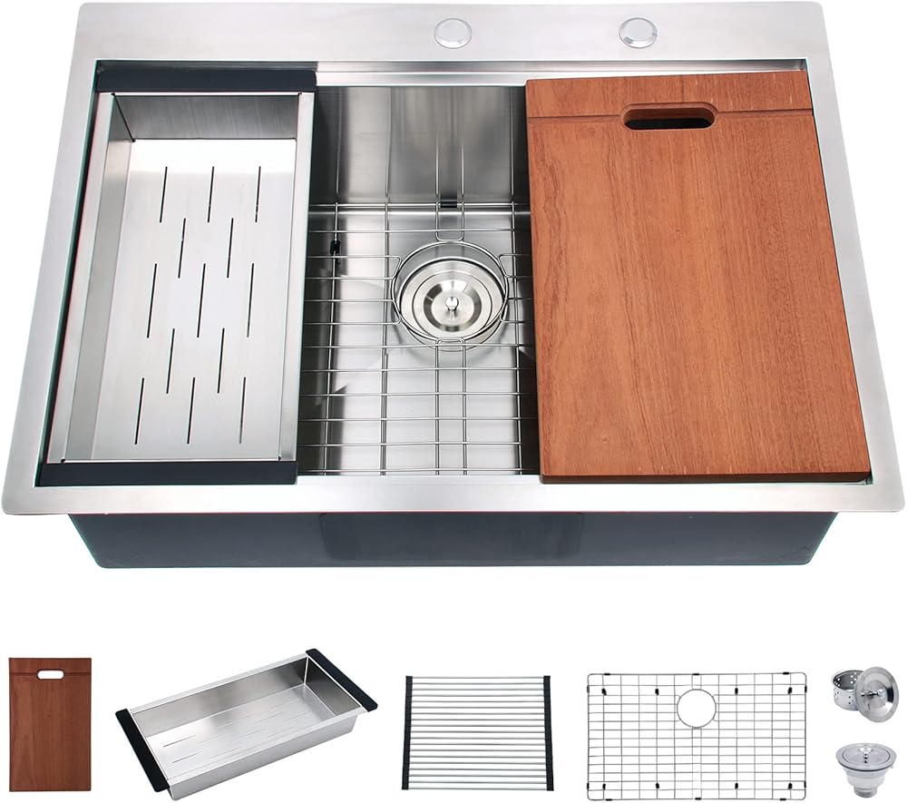 Davivy 33 x 22 x 10 Inch Drop in Kitchen Sink,16 Gauge Stainless Steel Kitchen Sink,Handmade Topmount Kitchen Sink,Workstation Kitchen Sink,Single Bowl Kitchen Sinks