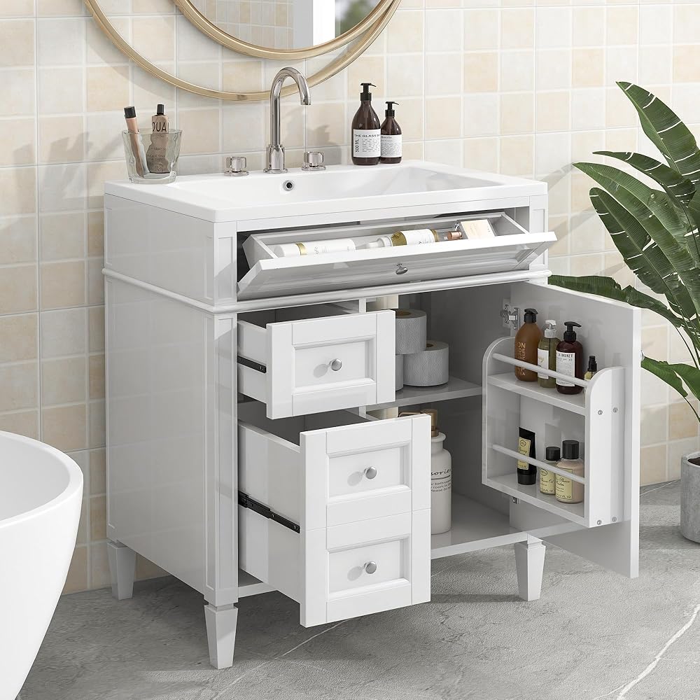 30inch Bathroom Vanity with Sink,Freestanding Bathroom Cabinet with 2 Drawers and a Tip-Out Drawer,Single Sink,Easy Assmebly,Vanity Sinks for Bathrooms with Small Spaces(White)
