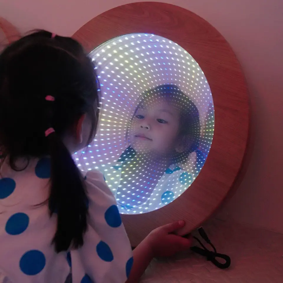 3D Wooden Circular Infinity Mirror with Mood Light, Multi Color Changing Tunnel Magical Lighting Ideal Gift for Kids - Perfect for Home Decor and Sensory Room