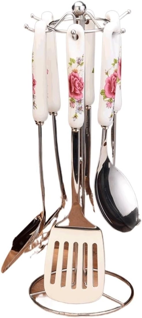 Ceramic Handles Cooking Tool Set Stainless Steel Kitchen Utensils Set Of Cookers Shovels Spoons(Black)