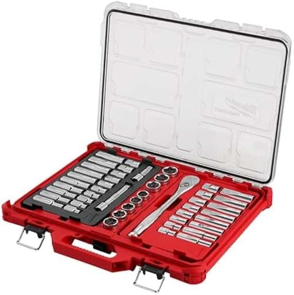 . Milwaukee 47 Pc 1/2” Drive Ratchet & Socket Set with PACKOUT Low-Profile Organizer