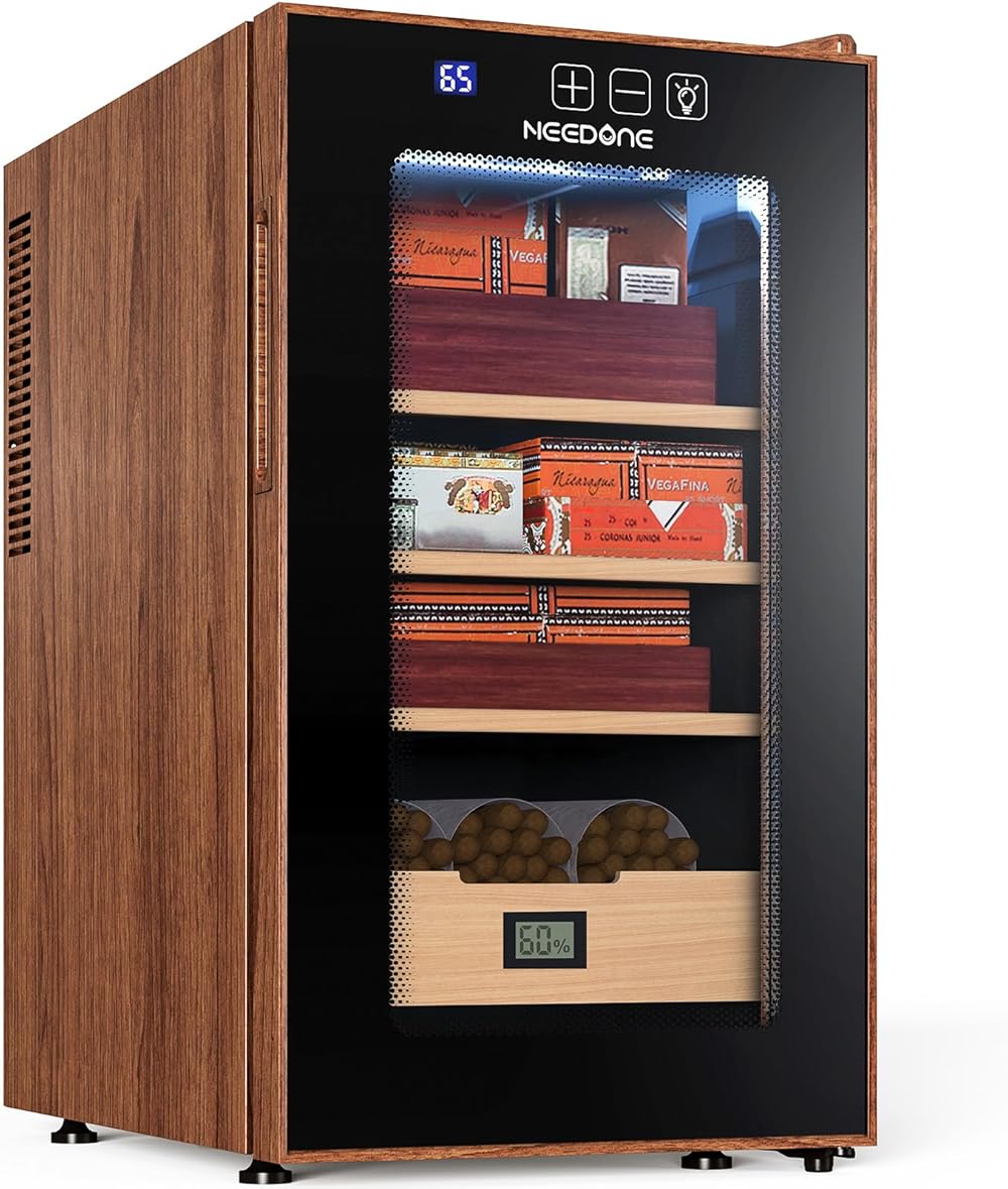 NEEDONE Electric Cigar Humidor 48L with Heating & Cooling Quiet Control, Thermostatic Cooler Cabinet for 350 Counts with Spanish Cedar Wood Shelves Drawer with Hygrometer, Gift for Men, Woodgrain