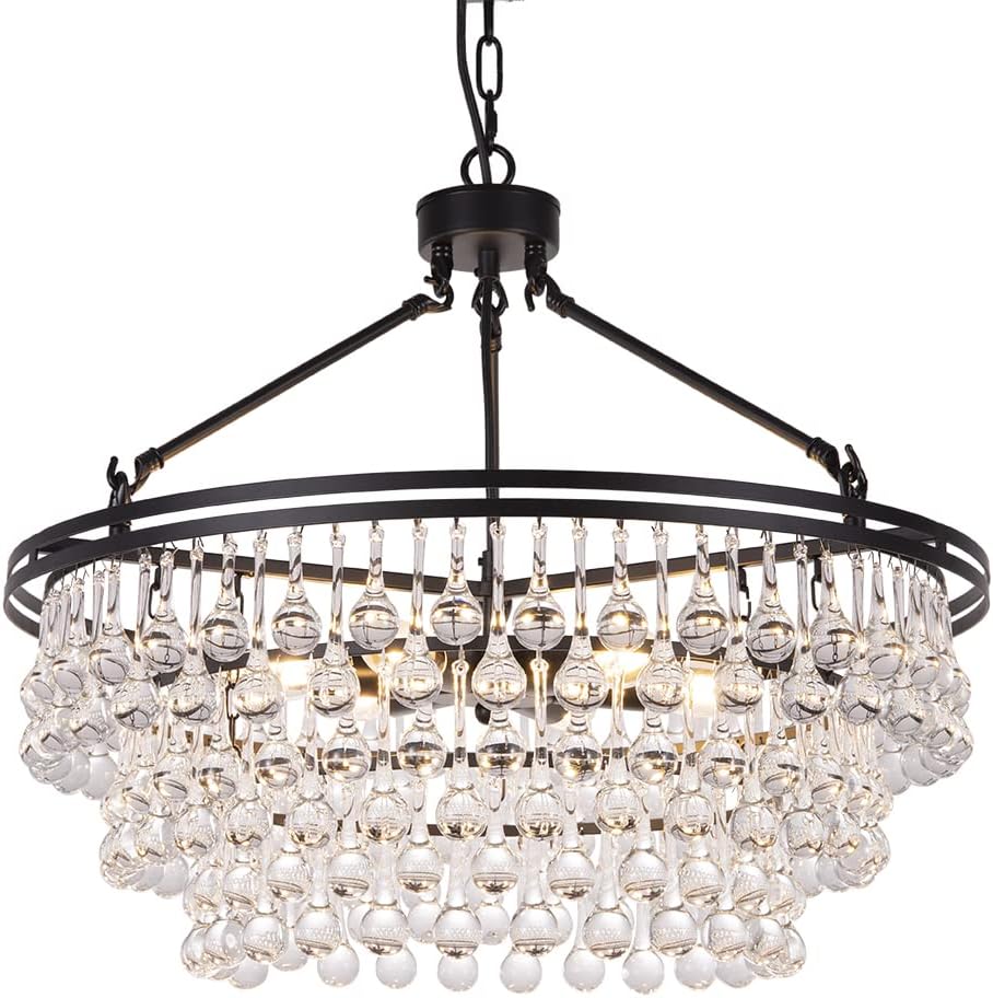 TOCHIC Black Crystal Chandelier 24 inch, Modern Farmhouse Light Fixtures Ceiling Hanging Crystal Pendant Lighting for Dining Room, Kitchen Island, Living Room, Bedroom, 3 Tiers