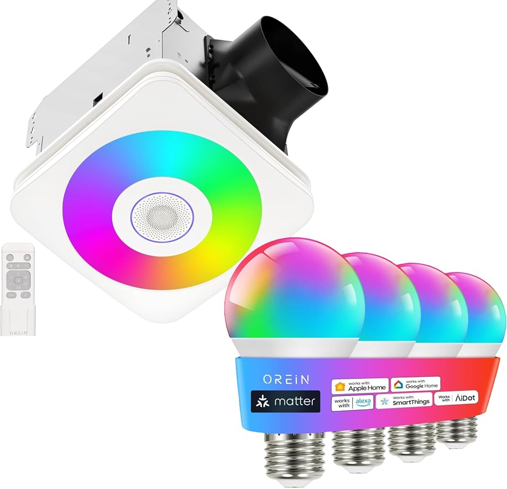OREiN Bathroom Fan and Smart Lighting Bundle: Bathroom Fan with Bluetooth Speaker & Light + Matter Smart Light Bulbs (4-Pack), Music Sync, Voice Control Compatible with Alexa/Google Home/Apple Home/Sm
