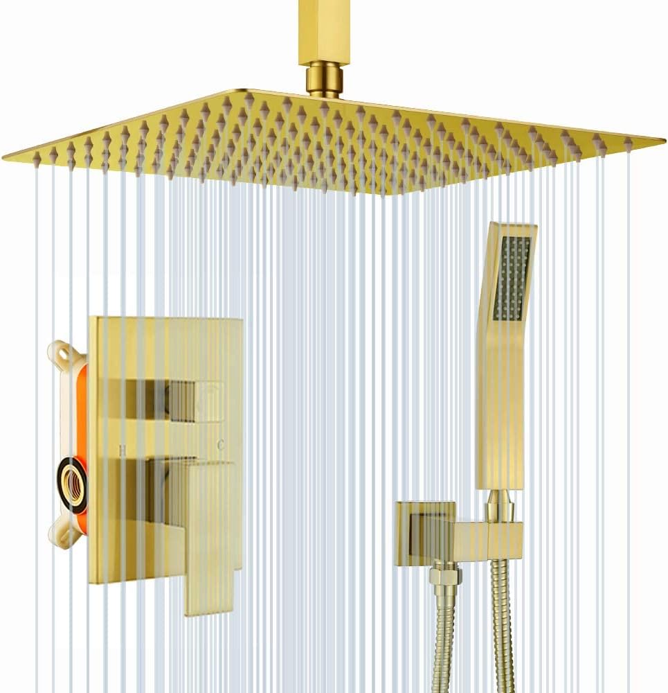 Ceiling Shower System with 12 Inch Rain Shower head and Handheld Head, Bathroom Shower Faucet Set Trim Kit with Valve Combo