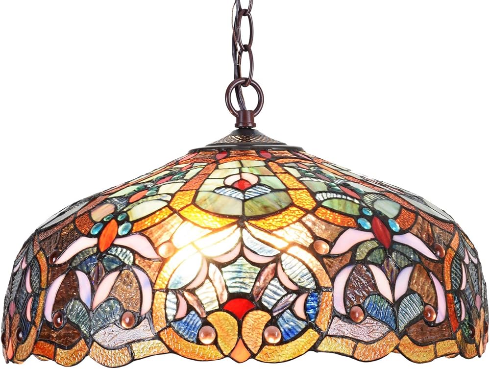 Tiffany Pendant Light Flower Victorain Antique Style Stained Glass Hanging Lamp 2 Light 16 Inches Wide for Kitchen Island Living Dining Room Home Farmhouse