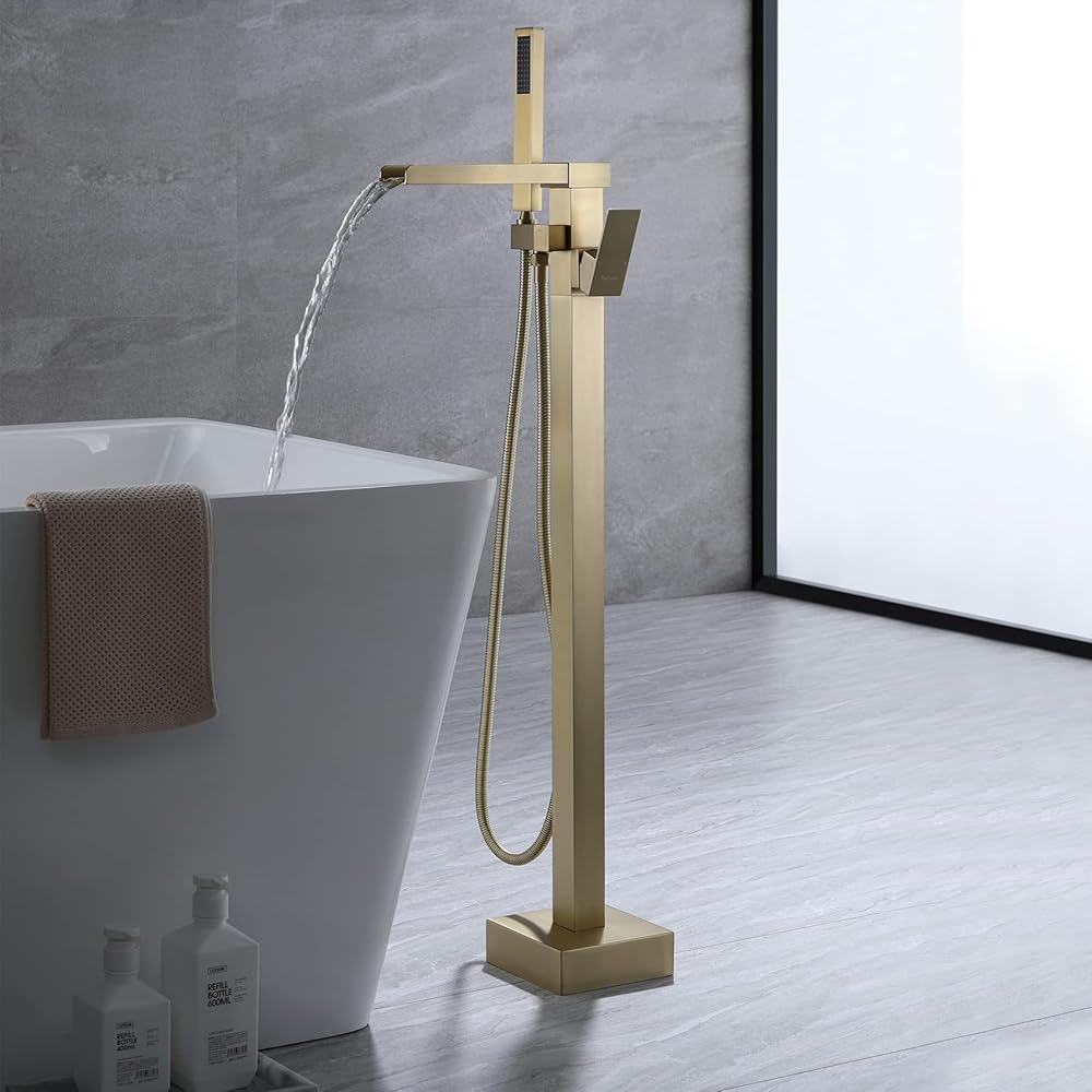 Freestanding Bathtub Faucet Waterfall Single Handle Tub Filler with Handheld Shower Head Brass Bathroom Tub Faucets High Flow Rate Max 6 GPM, Brushed Gold, 51001ZBGG