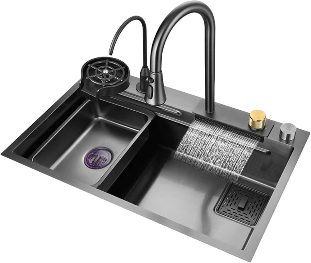 Black Single Bowl Kitchen Sink 304 Stainless Steel Waterfall Bar Sink Multi-Purpose Handmade Sink Rv Sink with 360 ° Pull-Out Faucet and Cup Washer Top Mount Or Undermount (Color : Blac