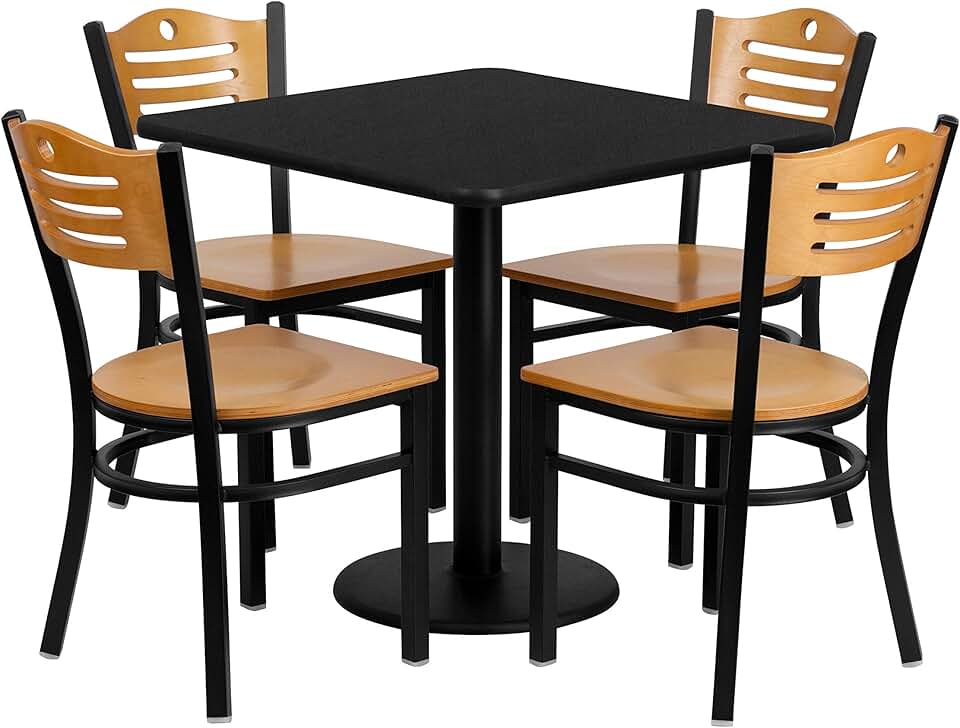 Flash Furniture 30'' Square Black Laminate Table Set with 4 Wood Slat Back Metal Chairs - Natural Wood Seat