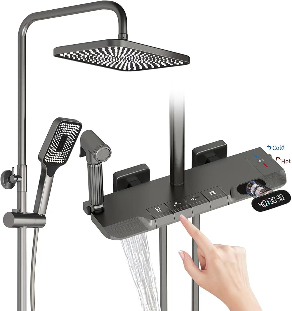 Shower System Thermostatic, LED Digital Display Piano Key Wall Mounted Shower Faucet Set, with 12