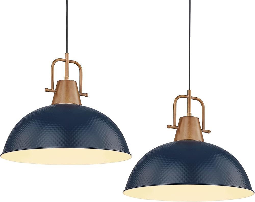 Emliviar 2-Pack Kitchen pendant Lightings over Island, 16 Inch Ceiling Hanging Lights with Dome Metal Shade, Blue Finish, GE269MIL-2L BL+WD