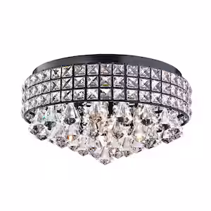 Edvivi Alyvia 15 in. 4-Light Modern Antique Black Glam Drum Crystal Flush Mount