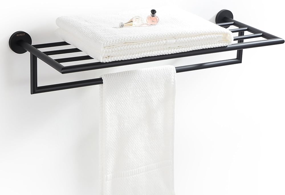 BUVELOT Towel Racks for Bathroom, Brass Towel Shelf, Wall Mounted and Modern Hotel Style with Towel Bar 26 Inch (Double Towel Rack with Shelf, 077100-MB Leo Series, Matte Black)