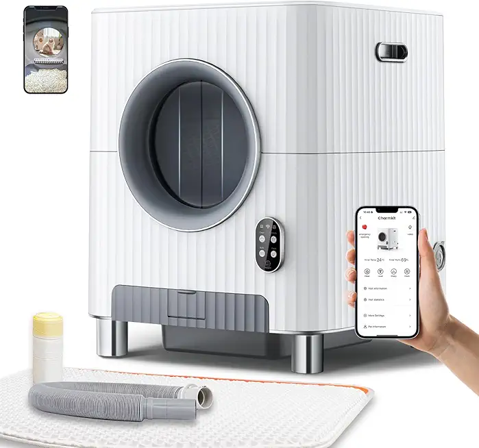 [Upgraded] Charmkit Self Cleaning Cat Litter Box,Automatic Door for Cat Litter Box,Large Capacity Automatic Cat Litter Box with APP Control, Video Monitor/Anti-Pinch/Odor-Removal/5G/2.4G(White)