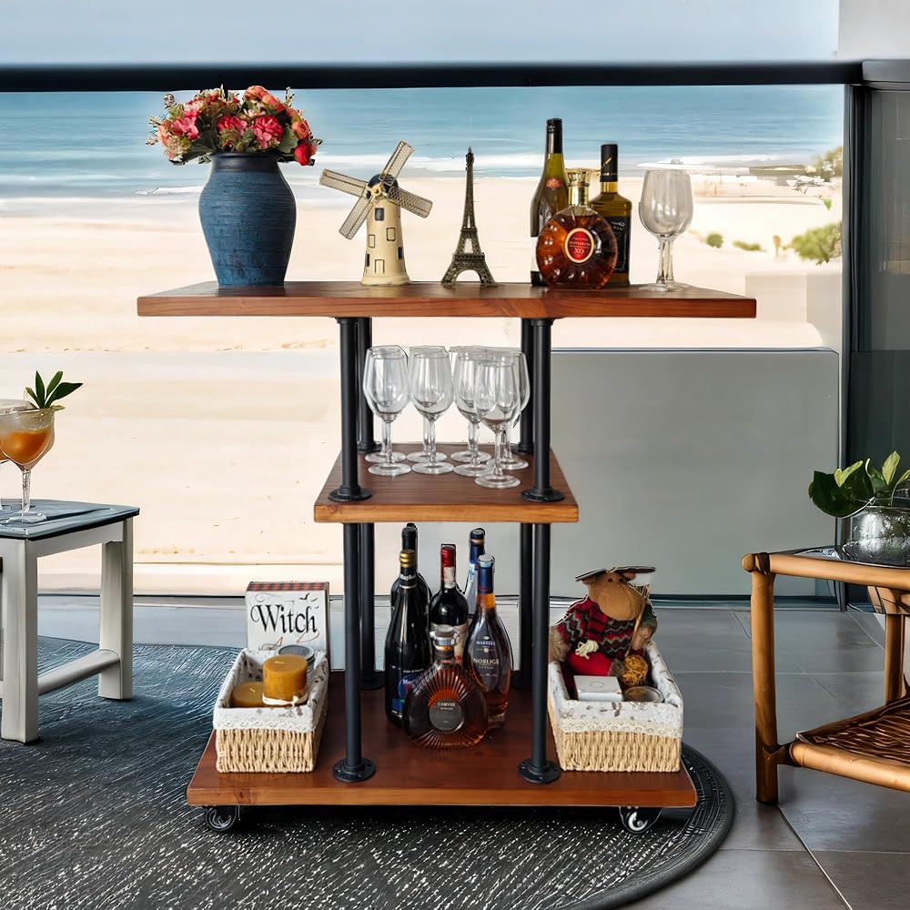 Industrial Bar Cart, Kitchen Bar Cart, Wine Rack Coffee Bar Cart, Serving Cart on Wheels, Storage Rolling Cart,Tea Drink Liquor Shelves,Solid Wood Metal Furniture (AJ01, 36
