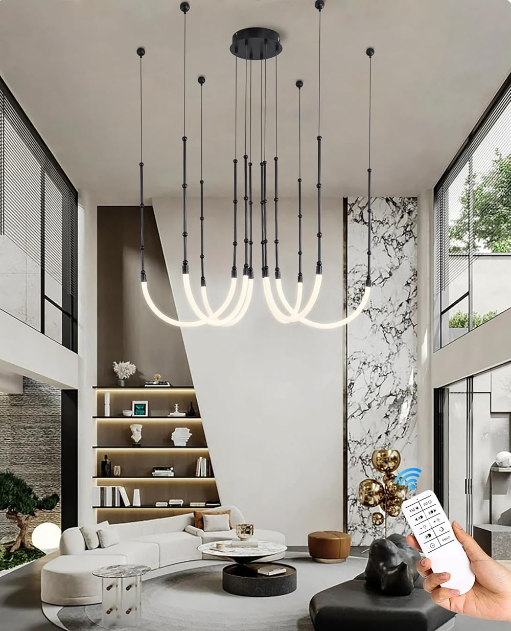 Modern Linear Chandelier Hanging Lighting with Remote Control Black Chandelier for Dining Room, Kitchen,Bedroom Dimmable LED 3000k-6000k