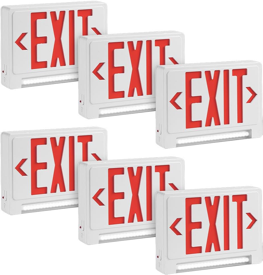 6 Pack Ultra Bright Energy-efficient Lighted Exit Signs with Battery Backup, Indoor Led Emergency Exit Sign, Battery Powered Exit Sign, Exit Signs for Business, Led Adjustable Light Pipe Combo