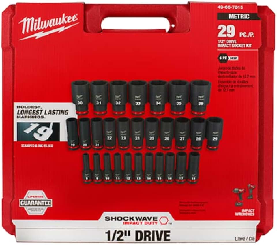 Milwaukee MWK49-66-7015 0.5 in. Drive Metric Deep 6 Point Socket Set 29 Piece