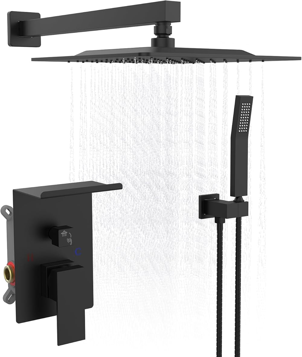 Rainfall Shower System With Storage Rack ?10 inch Shower Faucet Set Matte Black with High Pressure with Square Shower Head Luxury Shower Set Wall Mount