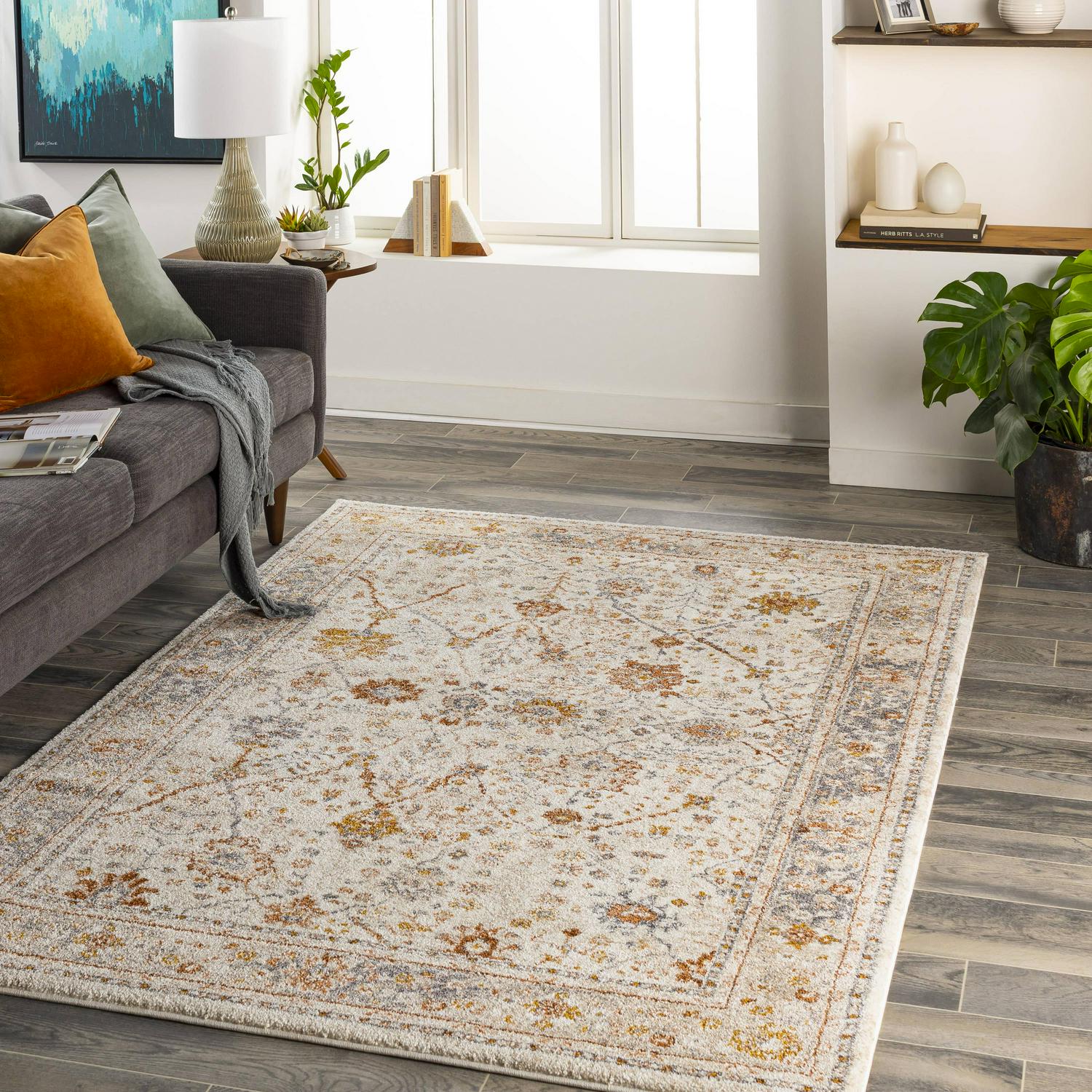 allen + roth with STAINMASTER Camille Border 5 X 8 Beige Indoor Floral/Botanical Area Rug
