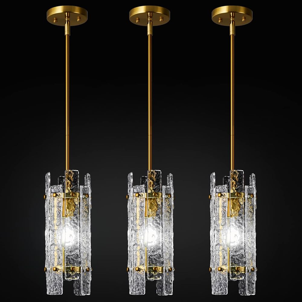 Modern Crystal Pendant Lighting Gold Pendant Lights Mini Glass Chandeliers, Adjustable Pendant Light Fixture for Kitchen Island Bedroom Living Room Dining Room Corridor(3Pack)