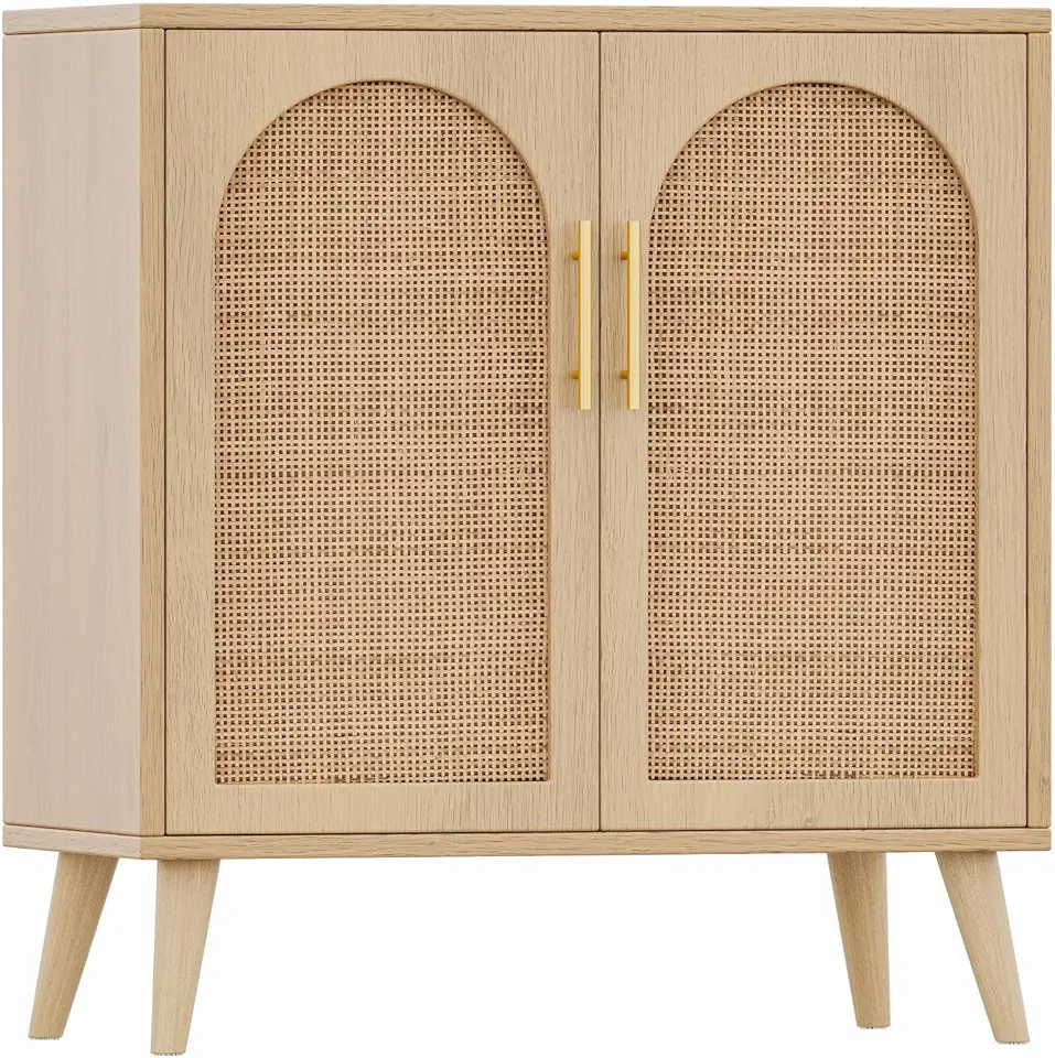 Rovaurx Rattan Storage Cabinet with Doors, Accent Bathroom Floor Cabinet, Modern Sideboard Buffet Cabinet for Living Room, Entryway, Dining Room and Kitchen, Natural BMGZ108M