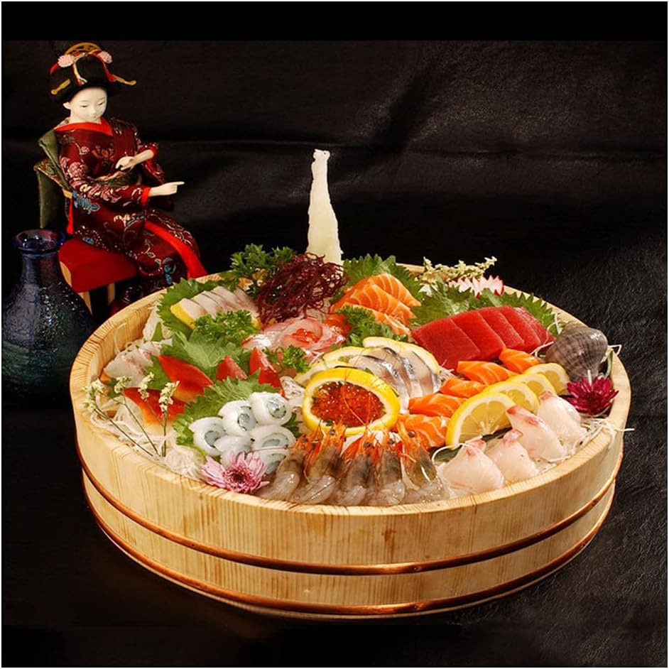 Japanese Style Wooden Hangiri Sushi Oke Rice Mixing Tub Salad Mixing Bowl Barrel Bucket with Copper Hoop for Sushi Restaurant,66x16cm