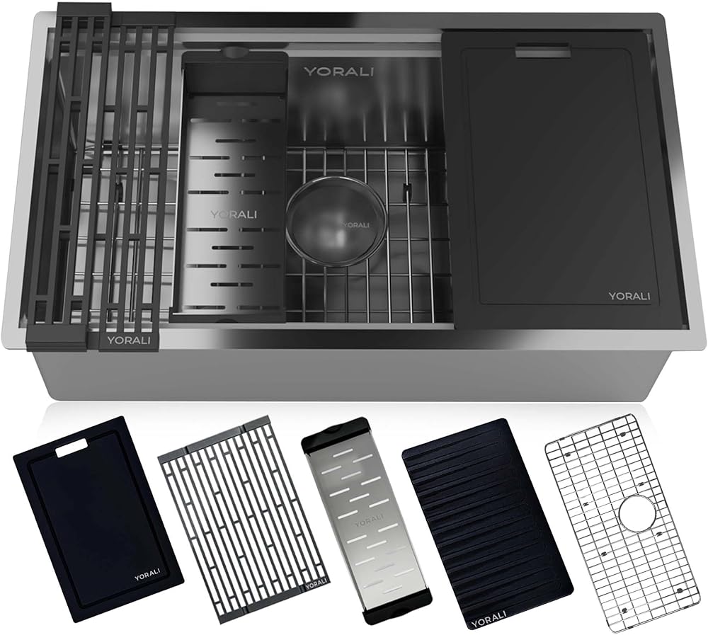 Rivano 32-inch Undermount Kitchen Sink | 16 Gauge Stainless Steel Sink | Single Bowl Workstation Sink with Double Ledge | Sink for Kitchen | YL832