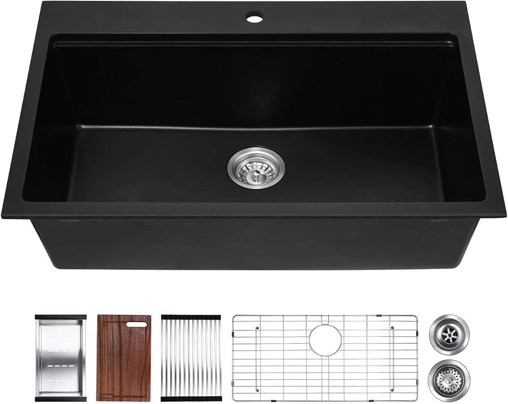 Davivy 33 Inch Black Kitchen Sink,Granite Composite Kitchen Sink Workstation,33 X 22 Quartz Composite Drop In Kitchen Sink,Matte Black Composite Top Mount Single Bowl Kitchen Sink